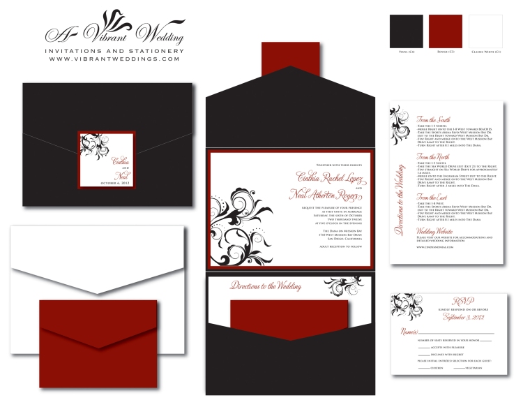 Black & Red Wedding Invitation - Pocketfold Style w Spanish Floral Scroll